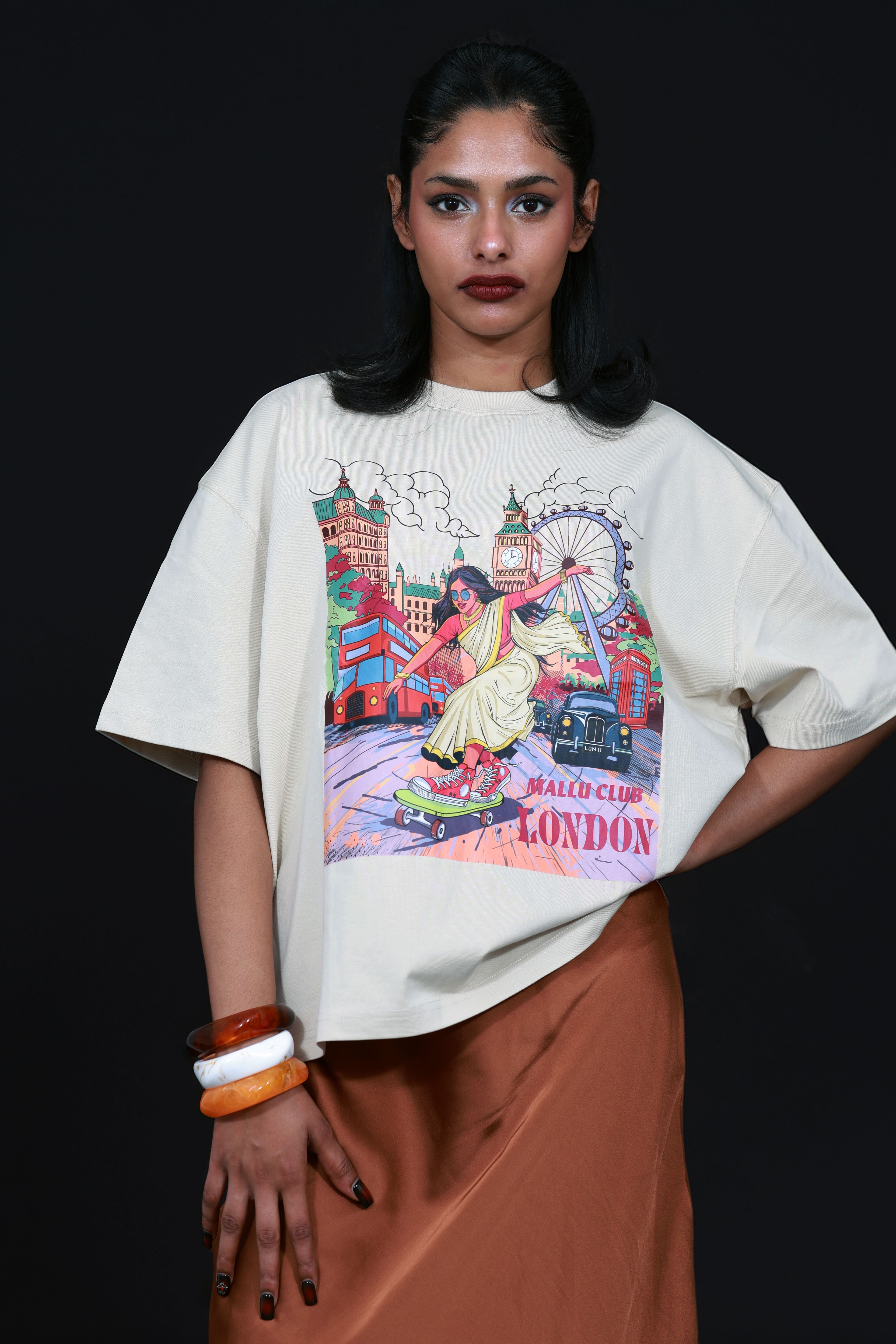 Skating Girl- Unisex Sorona Boxy T-Shirt- Apricot Cream